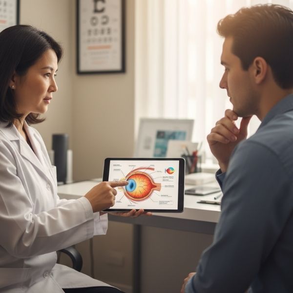 doctor pointing to diagram of eye