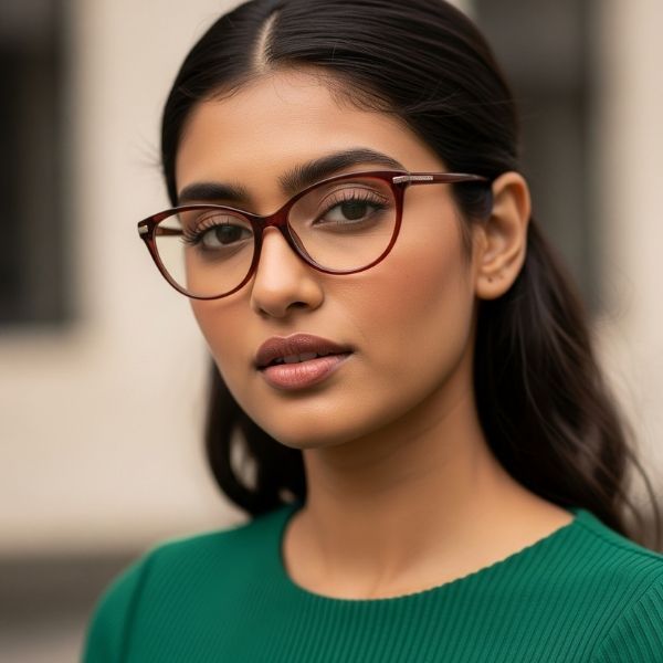 person with a heart-shaped face, showcasing a pair of cat-eye frames person with a heart-shaped face, showcasing a pair of cat-eye frames