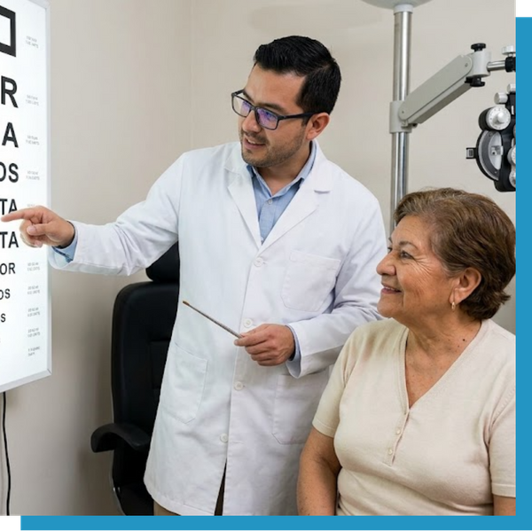 An optometrist explaining an eye chart to a Spanish-speaking patient.
