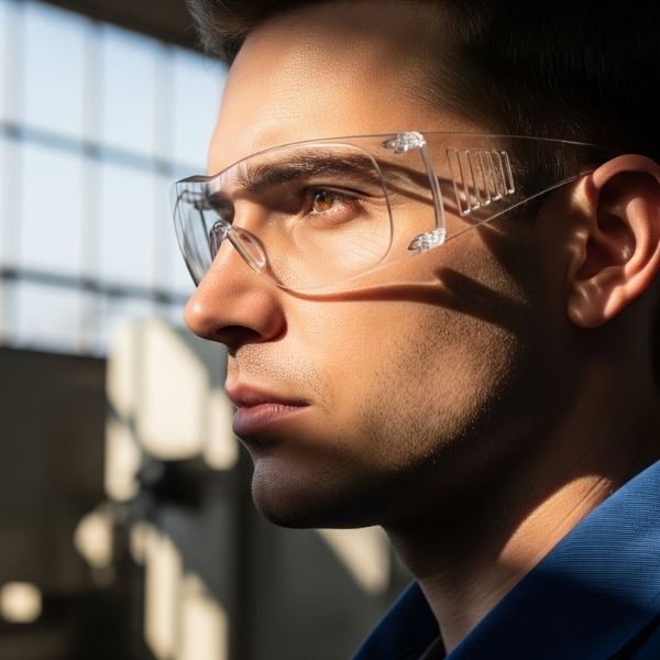 Side profile of a person wearing wraparound safety glasses