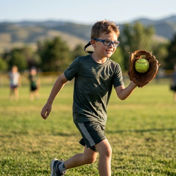 boy in glasses playing baseball