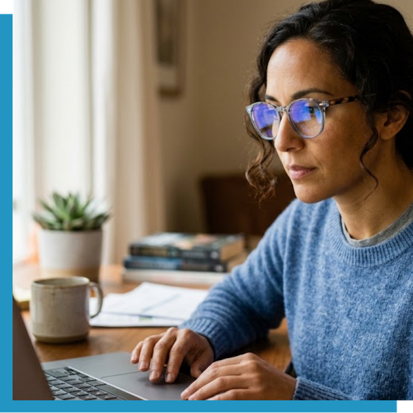 patient wearing stylish blue-light-blocking optometrist glasses while looking at a computer screen.