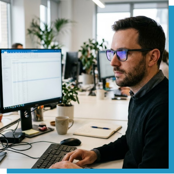 Man wearing glasses working at a desk computer