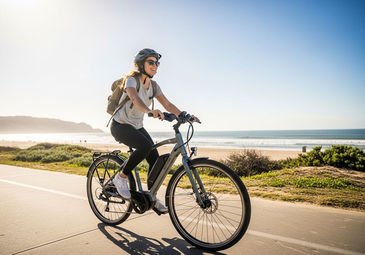 Woman enjoying an e-bike ride along the beach