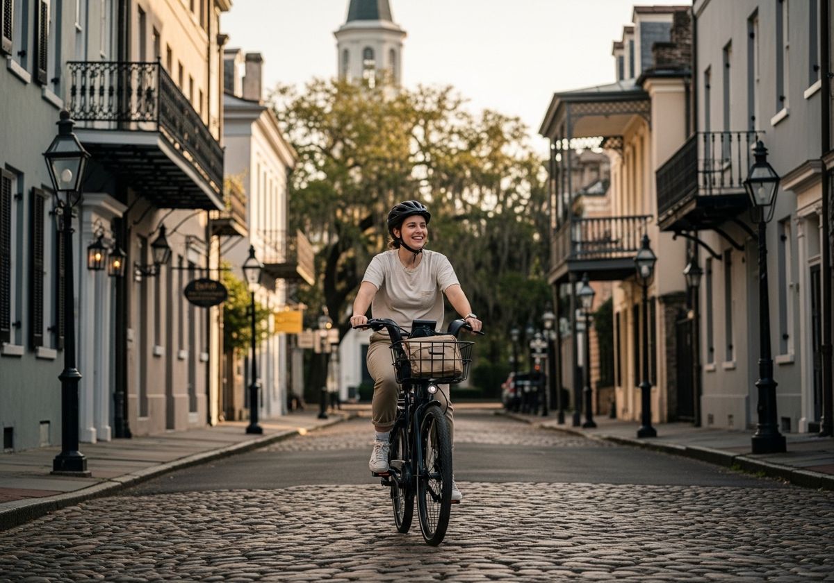 Woman Enjoying Bike Ride in Historic Charleston