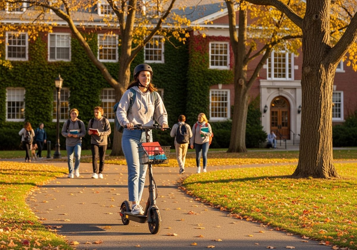 college student riding an electric scooter
