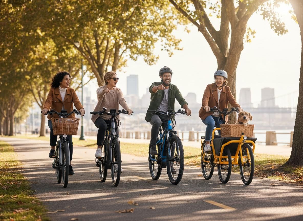 Four friends cycling with a dog on a sunny path