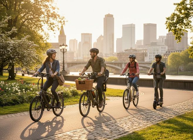 Four friends, wearing helmets, ride e-bikes and an e-scooter on a park path by a river. A city skyline glows in the background at sunset. Friends cycling and scooting in a city park at sunset
