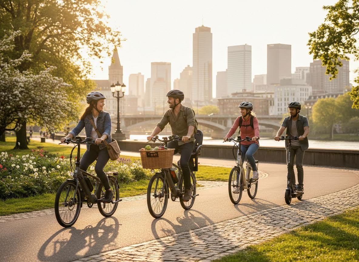 Friends cycling and scooting in a city park at sunset
