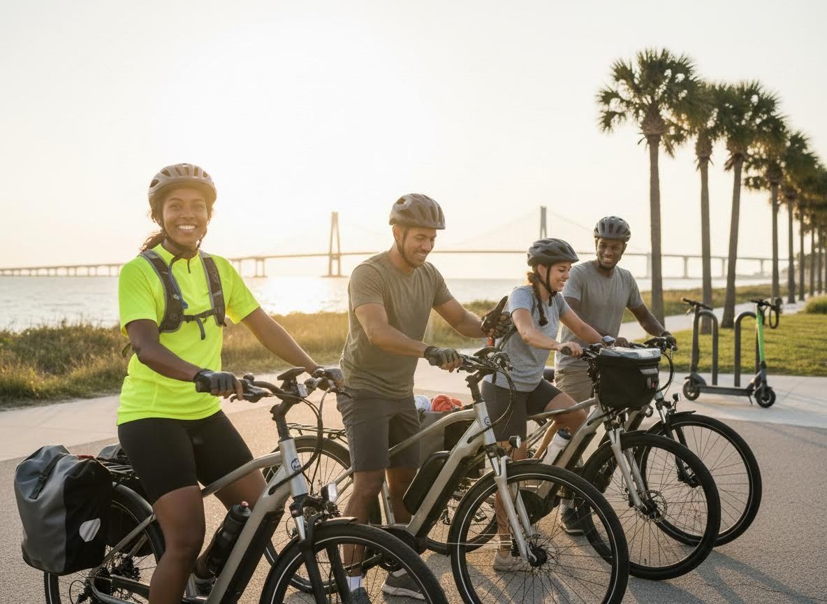 Four friends cycling by the water with a bridge and palm trees