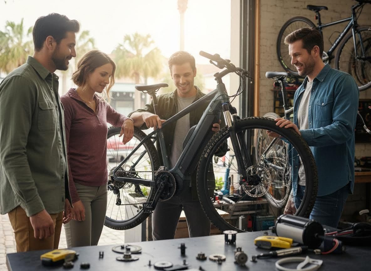 Customers and bike shop staff examining an electric bicycle