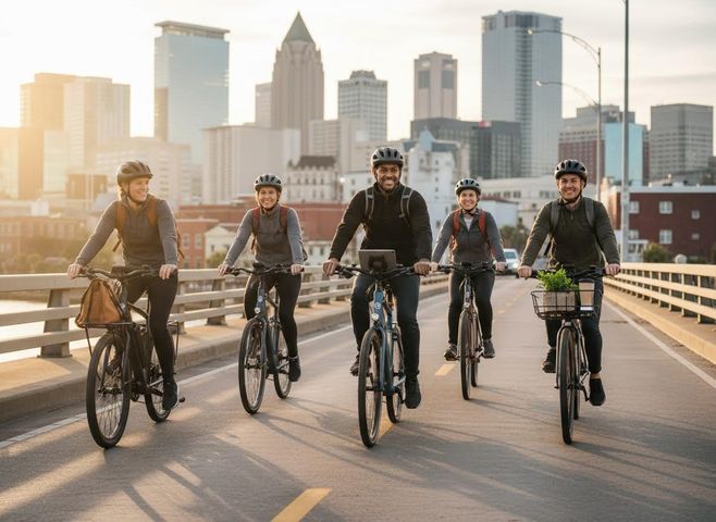 Five smiling people wearing helmets and backpacks ride bikes on a bridge, with a vibrant city skyline bathed in golden sunlight behind them. Friends cycling on a bridge with a city skyline at sunset