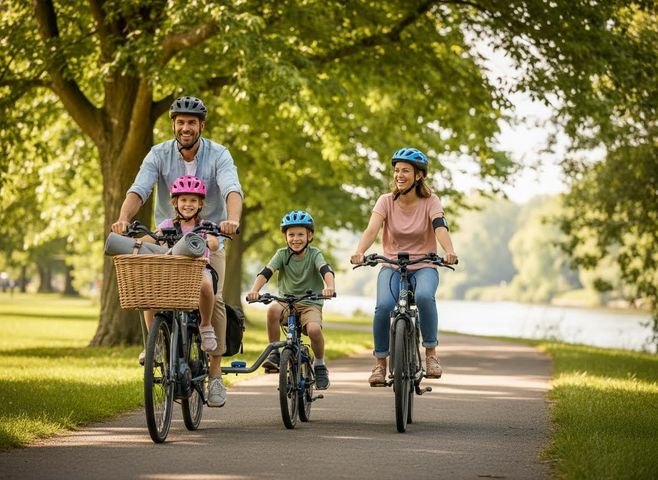 Family cycling in a park on a sunny day