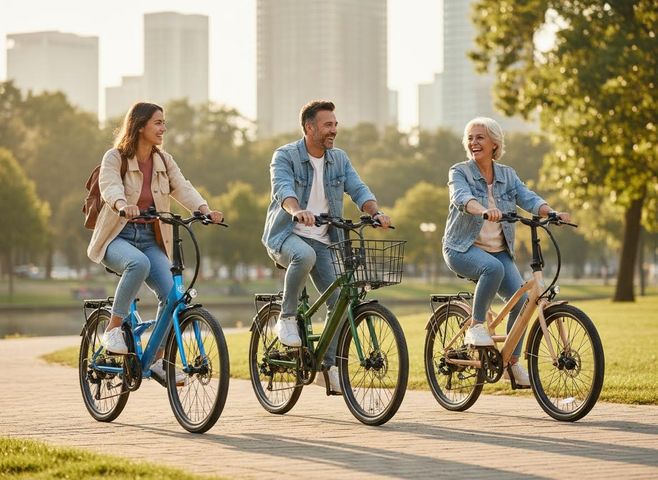 Three diverse people smiling and riding bikes on a sunny path
