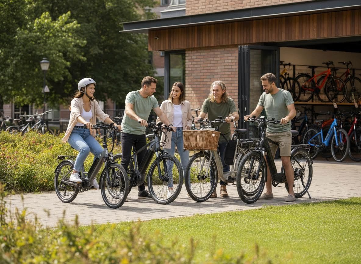 Smiling friends with electric bikes