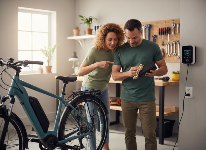 Couple examining e-bike battery in workshop with charging station