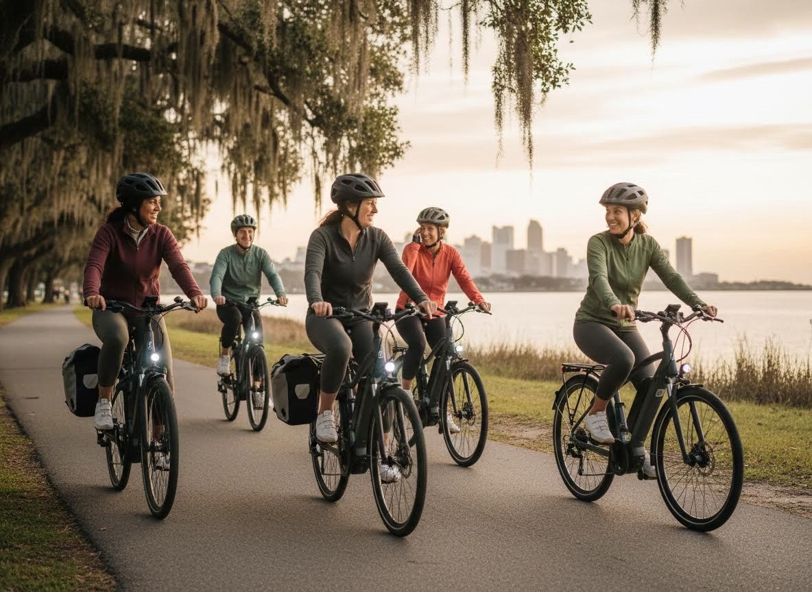 Five Women Cycling on a Scenic Waterfront Path