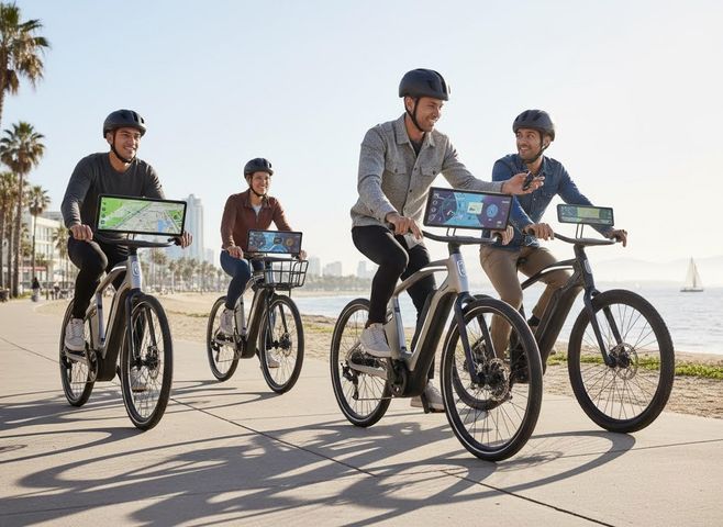 Four smiling friends wearing helmets ride smart e-bikes with large digital displays along a sunny coastal path with palm trees and a beach. Four Friends Riding Smart E-Bikes on a Coastal Path
