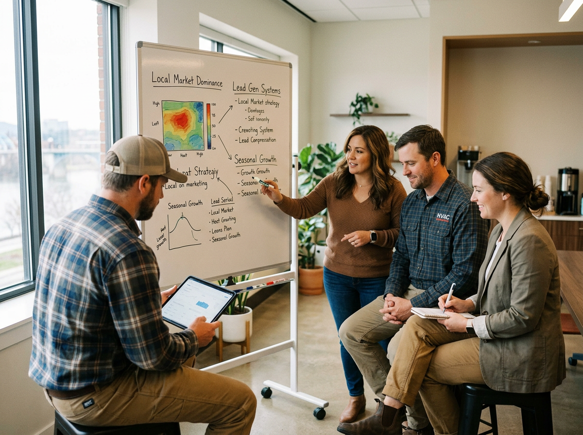 Business team discussing strategy at a whiteboard