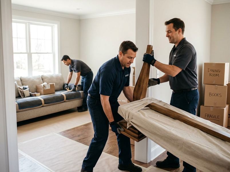 Three professional movers carefully transport wrapped furniture and pack items in a bright home, with boxes and floor protection. Professional Movers Transporting Furniture