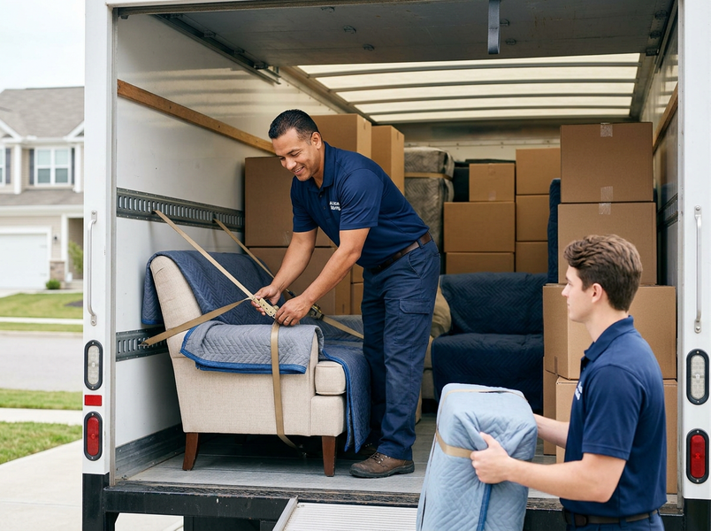 Two movers load furniture and boxes into a moving truck. One secures an armchair with straps, while another carries a blanket-wrapped item. Professional Movers Securing Furniture in a Moving Truck
