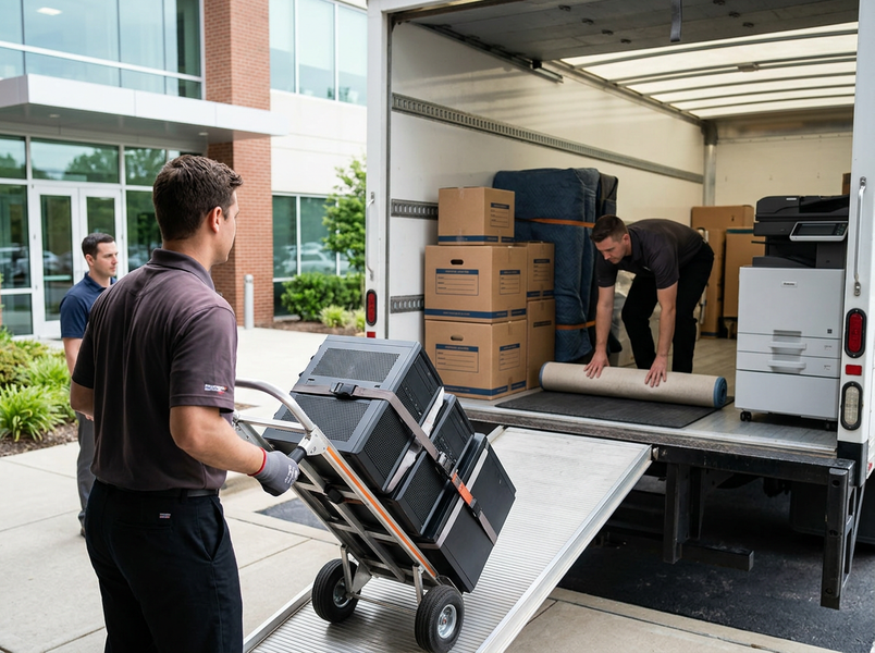 Three movers load commercial office equipment onto a moving truck. One pushes computer towers on a hand truck up a ramp. Office Relocation with Professional Movers