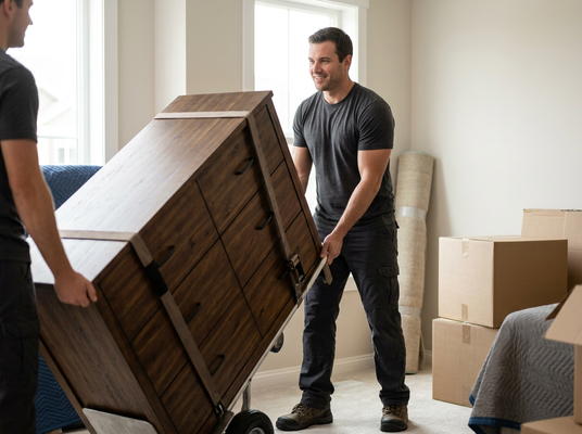 Two men moving a dresser with a hand truck