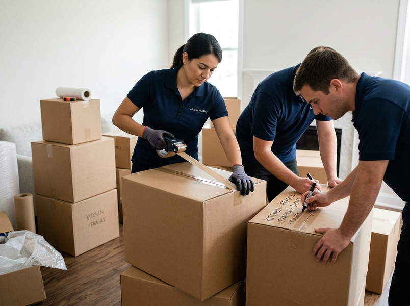 Two movers, one taping a cardboard box and another labeling it, prepare items for transport in a room filled with boxes. Professional movers packing and labeling boxes for a move