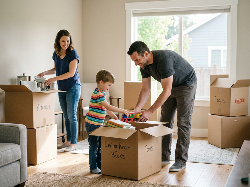 Family unpacking in their new home