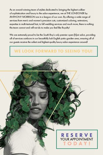 Flyer depicting a woman with black and green hair and outlining what makes THE LONDONER in Hermosa Beach the area's best hair salon.