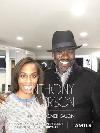 Anthony Morrison standing with a happy client inside of THE LONDONER's Hermosa Beach hair salon and text that reads, "Anthony Morrison, LONDONER Salon, where every client is treated like British Royalty."