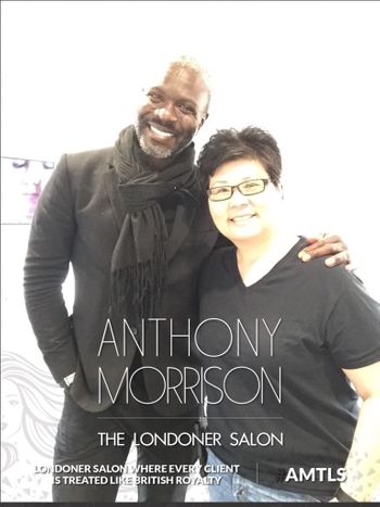 Anthony Morrison standing with a happy client and text reading, "Anthony Morrison, LONDONER Salon, where every client is treated like British Royalty."