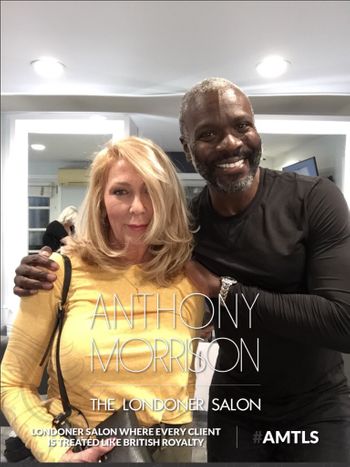 Anthony Morrison standing with a happy client after a hair styling appointment at THE LONDONER in Hermosa Beach.