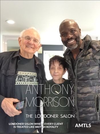 Anthony Morrison standing next to two happy clients and text that reads, "Anthony Morrison, LONDONER Salon, where every client is treated like British Royalty."