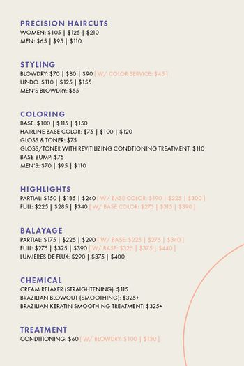 Flyer outlining the prices of haircuts, styling, coloring, highlights, balayage, chemical treatments, and conditioning treatment at THE LONDER in Hermosa Beach.