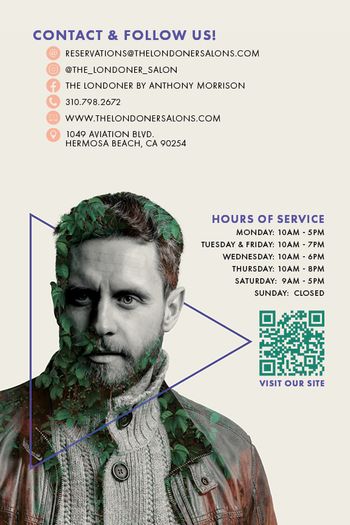 Flyer featuring a man covered in vines along with THE LONDONER's social media accounts and hours of service.