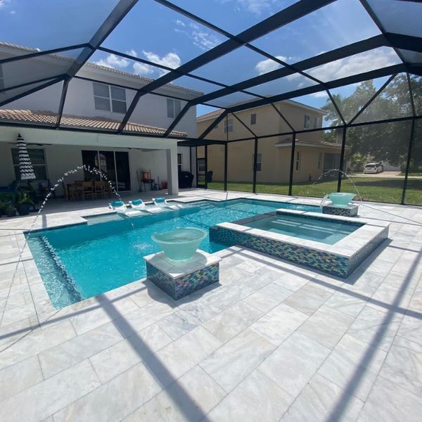 pool enclosure with fountain running