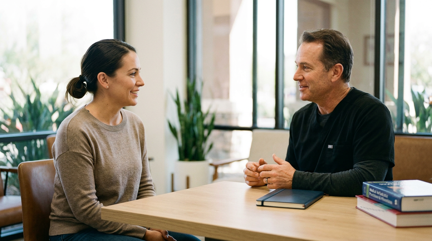 A smiling woman in a sweater consults with a male doctor in scrubs across a table with medical books in a bright, modern office. Doctor and Patient Consultation