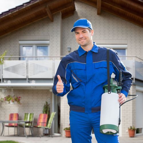 pest control employee with thumbs up at the camera