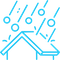 Blue line icon showing hail stones striking a house roof, used to represent storm damage inspections or hail resistance.