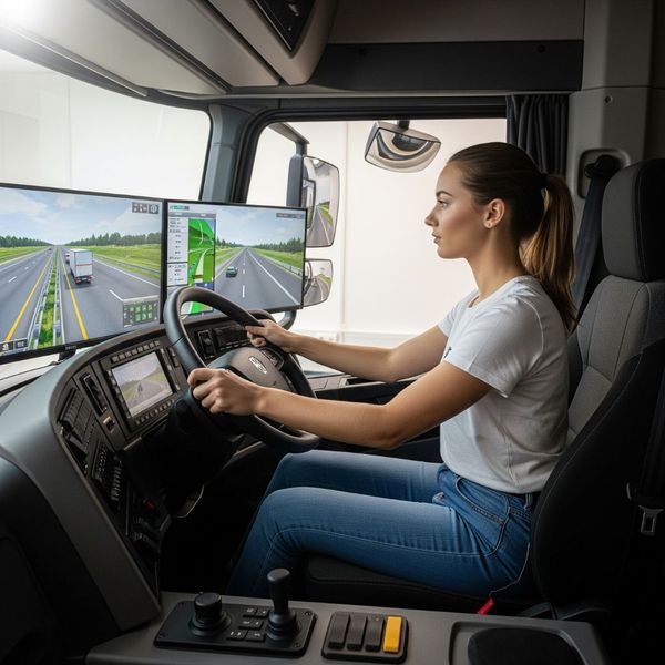 woman using a CDL training simulator