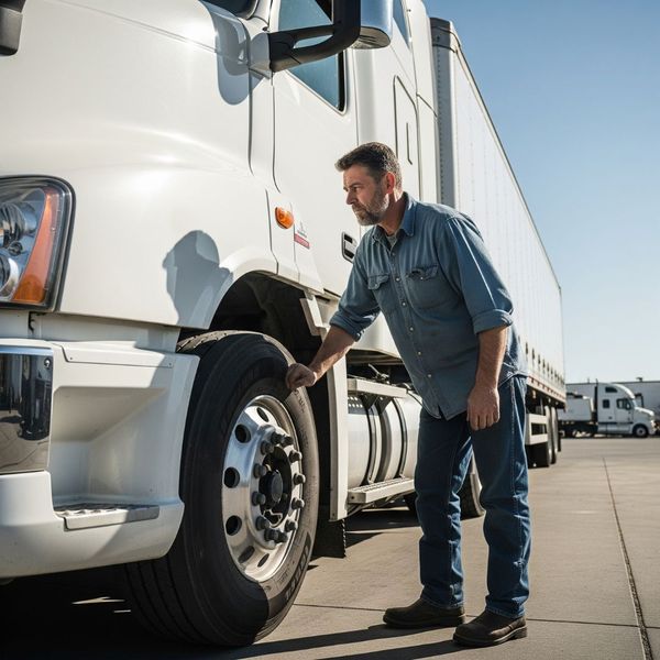 Truck driver inspecting a truck