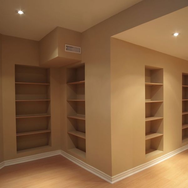 converted basement with built in shelving