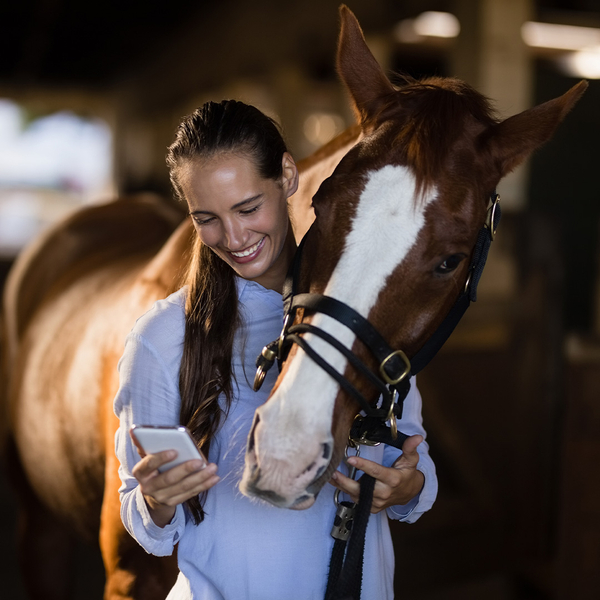 woman looking at phone with horse over shoulder