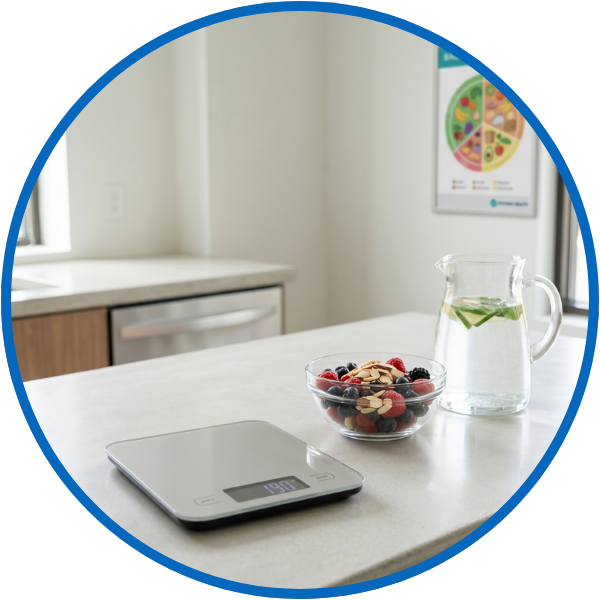 A 1:1 conceptual photograph focusing on a sleek digital scale and a glass bowl of fresh berries and almonds on a light counter, representing Potomac Health’s medical weight management program.