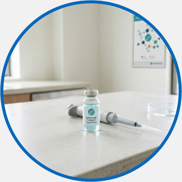A 1:1 conceptual photograph showing a precise micropipette next to a small medical vial with a teal 'PH' logo on a bright clinical counter, representing professional hormone therapy at Potomac Health.