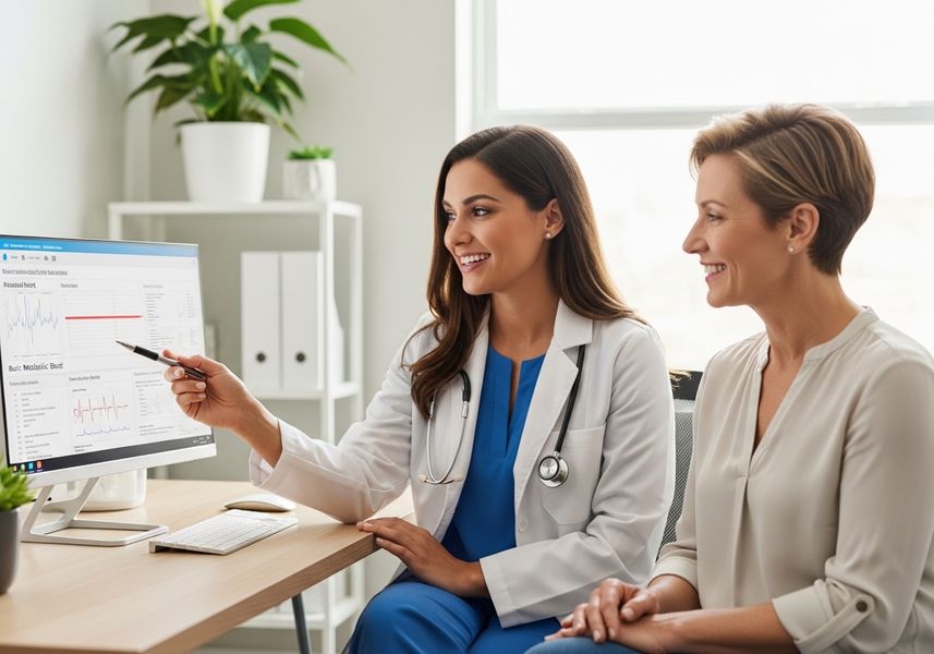 A smiling doctor, wearing a white coat and stethoscope, points to a computer screen displaying medical data while consulting with a female patient in a bright, modern office setting. The patient listens attentively, creating a scene of collaborative healthcare. Doctor and Patient Discussing Medical Data