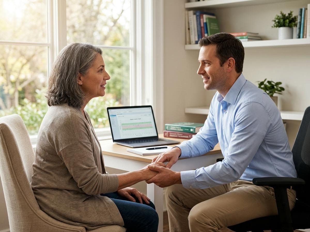 Woman and Man Holding Hands During Consultation