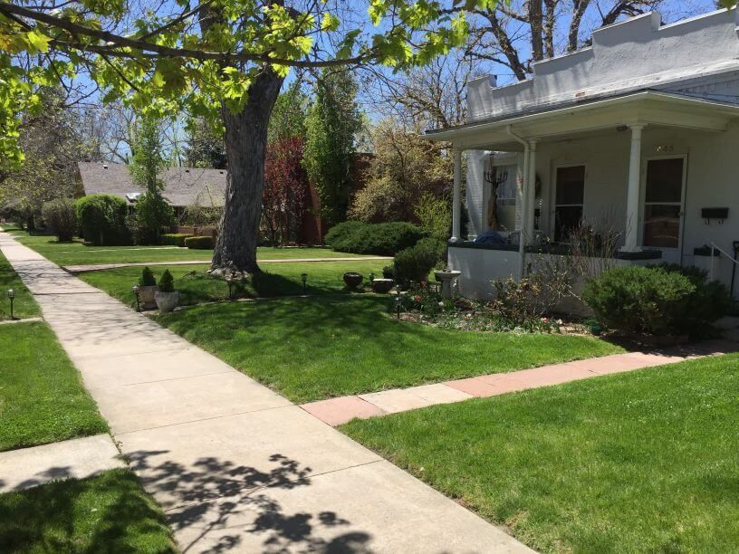 a well maintained lawn with hardscaped gardens