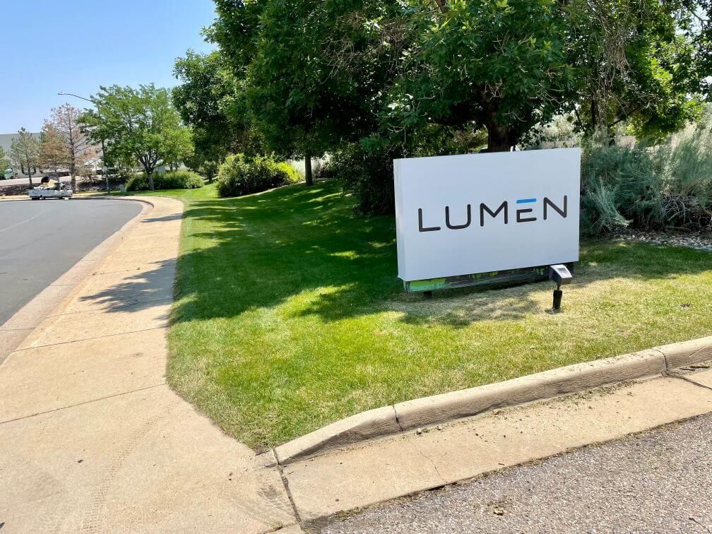 a maintained business corner with plants and grass